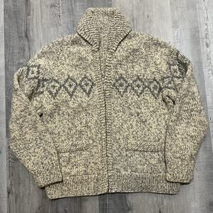 VTG 50s 60s Cowichan Sweater Beige Full Zip Argyle Heavy Knit Wool Cardigan M/L